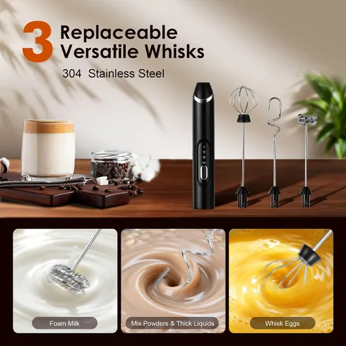 Miniatura 2 de Espumador de leche de mano con soporte, varita espumadora de café recargable con 3 cabezales desmontables de acero inoxidable, mezclador eléctrico