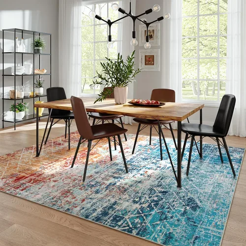 Miniatura 3 de Zealude Alfombra abstracta lavable para sala de estar, de 5 x 7 pies, color verde azulado y naranja, alfombra bohemia antideslizante, moderna