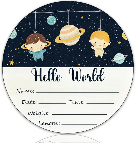 Miniatura 15 de Hello World Birth Announcement - Cartel redondo de madera de abedul para recién nacido, para guardería, hospital, baby shower, placa personalizada