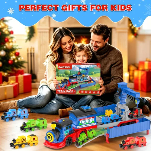 Miniatura 6 de Juego de tren de juguete 2 en 1 para niños pequeños, base de tren de catapulta con grúa torre móvil, 8 pequeños trenes magnéticos, efecto de luz