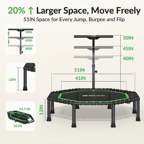 Miniatura 8 de BCAN - Cama elástica miniatura octagonal de 51 pulgadas, carga máxima de 450 libras; cama elástica de aptitud física con barra de asa T ajustable