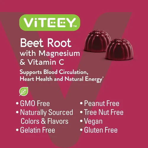Miniatura 5 de Viteey Gomitas de raíz de remolacha con magnesio y vitamina C – Suplemento de remolacha para la salud del corazón, apoyo a la presión arterial, 60