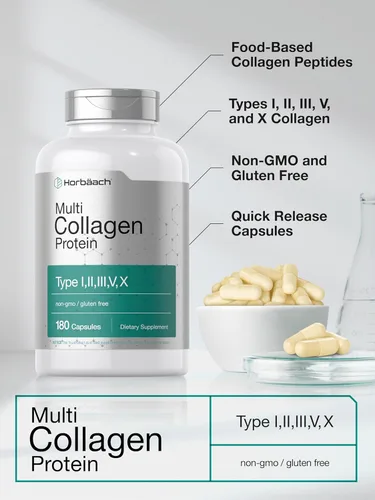 Miniatura 4 de Horbäach Proteína de colágeno múltiple 2000 mg 180 cápsulas Colágeno hidrolizado tipo I, II, III, V, X Apto para dieta cetogénica y paleo, sin