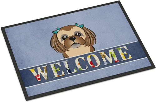 Caroline's Treasures BB1435JMAT - Tapete de bienvenida Shih Tzu color marrón chocolate, 24 x 36 pulgadas, tapete azul para puerta delantera, para