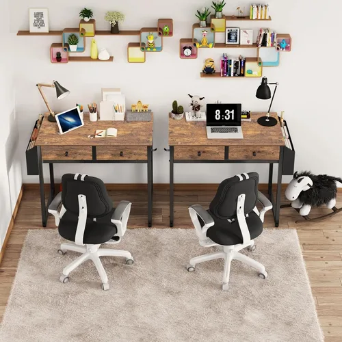 Miniatura 4 de Lufeiya Escritorio pequeño para computadora con 2 cajones para dormitorio, escritorio de oficina en casa de 31 pulgadas con cajón de tela de Marrón