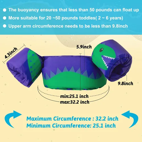 Miniatura 5 de Double Couple Toddler Swim Vest with Sleeves Cartoon Adjustable Strap Swimming Jacket Pool Floaties for Kids 20-50 Pounds Boys and Girls Child