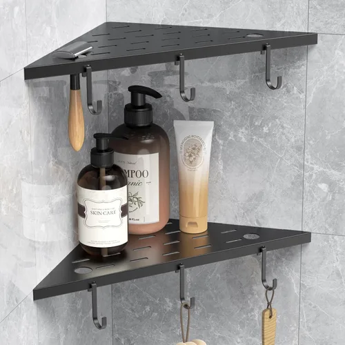 Estantes esquineros de ducha de 10 pulgadas, estante empotrado de acero inoxidable 304 negro mate para baño, estante de esquina de ducha con gancho