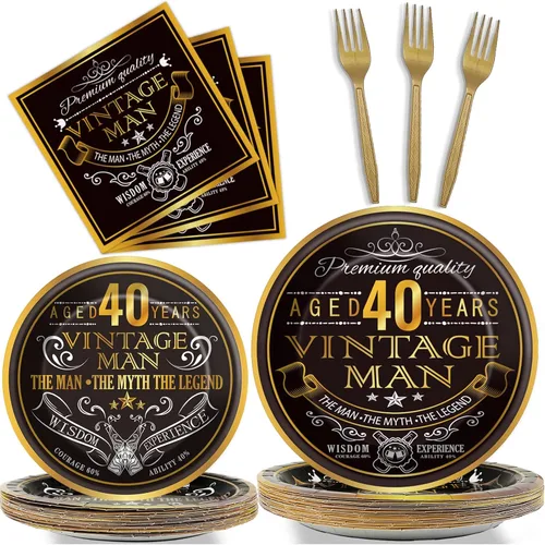 96 piezas de decoraciones vintage de 40 cumpleaños para hombres, 40 años, platos de papel, servilletas, suministros de cumpleaños, tema de regreso a