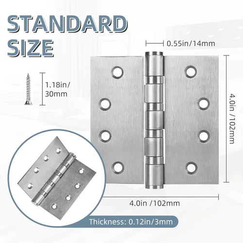 Miniatura 3 de Paquete de 6 bisagras de puerta de acero inoxidable de 4 pulgadas, bisagras de puerta resistentes de 4 x 4 pulgadas con esquinas cuadradas