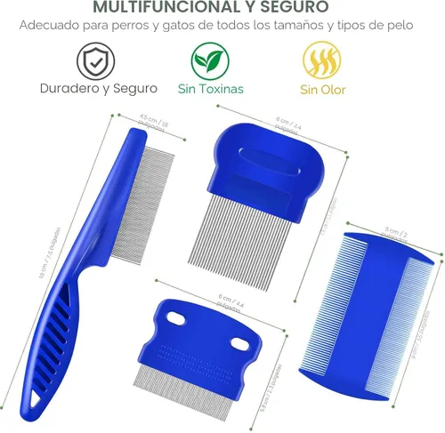 Miniatura 6 de Paquete de 4 peines para piojos de pulgas, peines de acero inoxidable para perros y gatos con dientes redondeados, removedor profesional de manchas