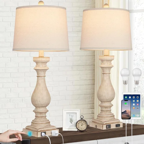 Miniatura 12 de Cinkeda Juego de 2 lámparas de mesa de 29 pulgadas de alto para sala de estar, lámparas vintage para mesita de noche con puertos USB C+A y salida