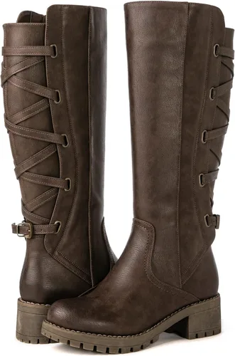 Miniatura 2 de GLOBALWIN Botas altas de motocicleta con tiras para mujer, botas de equitación de pantorrilla ancha con cordones en la parte trasera para otoño e
