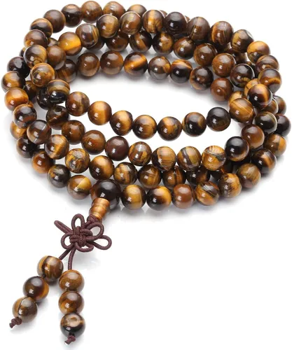 Miniatura 2 de Jovivi Collar tibetano de 0.236 in 0.315 in, 108 cuentas de piedras preciosas naturales de ojo de tigre de oración Mala
