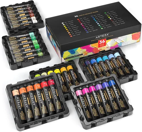 ARTEZA Juego de pintura acrílica gouache, 36 colores en tubos de 0.7 fl oz, pinturas acrílicas mate opacas para ilustración, diseño, capas, lienzo y