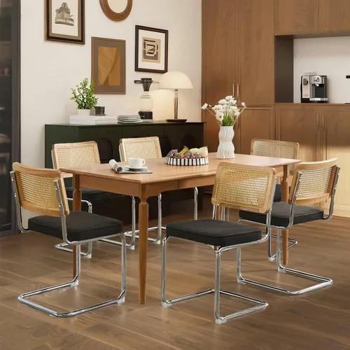 Miniatura 11 de Juego de 4 sillas de comedor de terciopelo tejidas a mano con respaldo de ratán y base cromada, silla de cocina de mediados de siglo, para comedor
