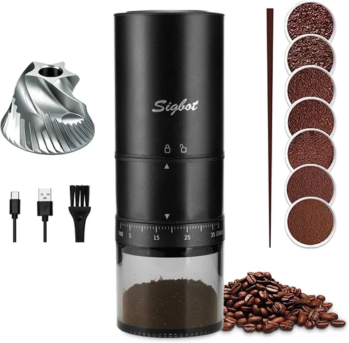Molinillo de café eléctrico portátil - 38 ajustes de molienda, fresa cónica y cuerpo de acero inoxidable negro, molino recargable para espresso,