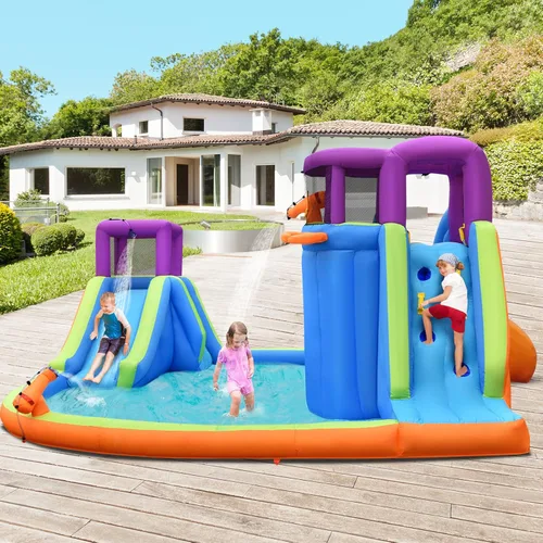 Miniatura 5 de BOUNTECH Parque acuático inflable de 15 x 14.5 pies, Mega tobogán acuático para niños al aire libre con toboganes dobles y escalada para diversión