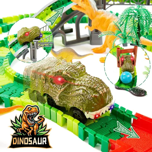 Miniatura 5 de BEMITON Pista de autos de carreras de juguetes de dinosaurios, crea una carrera de carretera mundial de dinosaurios, juego de juguetes flexibles
