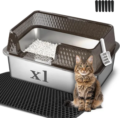 Miniatura 10 de Suhaco - Caja pequeña de arena para gatos de acero inoxidable con entrada lateral, paredes altas y profundas con tapa lateral extraíble, alfombrilla