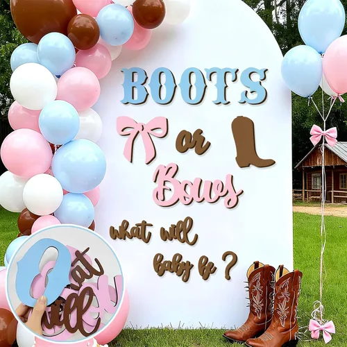 Miniatura 2 de Adhesivos de madera para señalización de revelación de género, arco de globos "¿Qué será el bebé?", botas o lazos, suministros de decoración