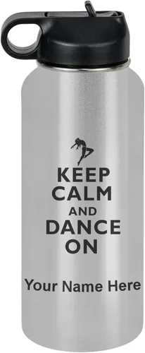 Miniatura 77 de LaserGram Botella de agua personalizada, mantén la calma y baila, acero inoxidable de doble pared aislada al vacío con popote superior, regalo Rosa