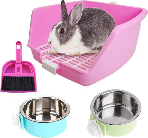 Miniatura 12 de PINVNBY Caja de arena de conejo para jaula de conejo, caja de ropa de cama de esquina para animales pequeños, bandeja colgante para mascotas, jaula
