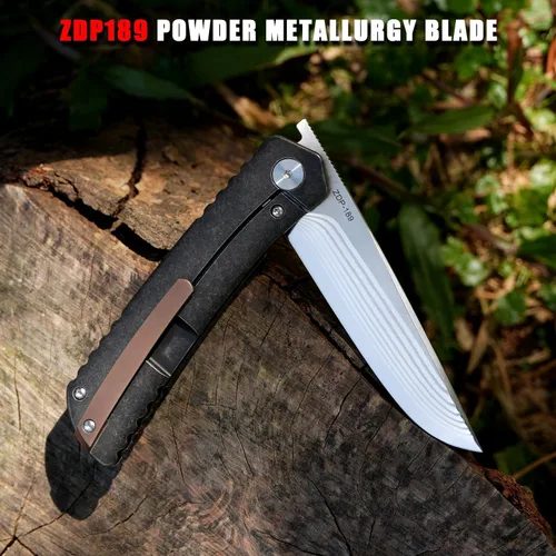 Miniatura 4 de KATSU Navaja de bolsillo japonesa plegable, hoja de acero ZDP-189 de 17 capas con molino convexo, mango y clip de aleación de titanio, traba, funda