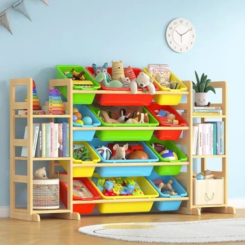 Organizador grande de almacenamiento de juguetes para niños, organizador de juguetes y estantería combinada con 12 contenedores y 6 estantes, caja