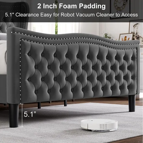 Miniatura 6 de Estructura de cama Full con cabecera y pie de cama altos, estructura de cama plataforma tapizada en terciopelo con respaldo tipo alas acolchado