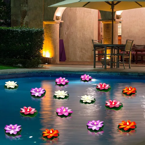 Miniatura 7 de Paquete de 6 velas de té de loto flotantes – Velas LED de lirio de agua de 4 pulgadas para piscina, baño, boda, decoración de fiesta, luces