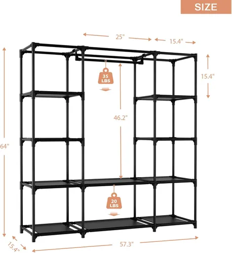 Miniatura 3 de Armario portátil para colgar ropa de 57.3 pulgadas, armario de gran capacidad con tapa, 8 bolsillos y 1 barra para colgar, organizador de armario
