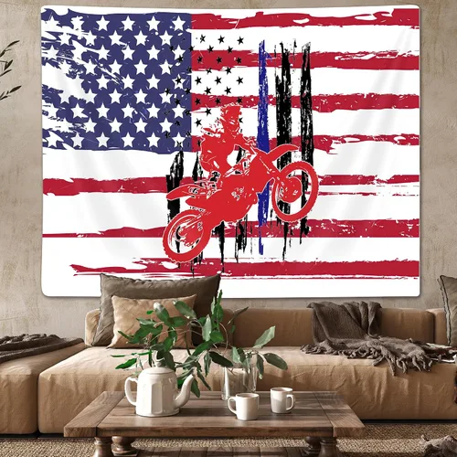 Miniatura 2 de Tapiz de bandera de motocross para colgar en la pared, diseño de bandera de grunge, tapiz deportivo de pared para dormitorio, sala de estar, hogar