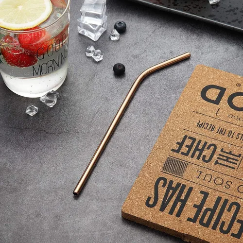 Miniatura 5 de 18 popotes de acero inoxidable de cobre, popotes reutilizables de oro rosa de 8.5 pulgadas, con bolsa portátil (8 rectos/8 doblados/2 cepillos)