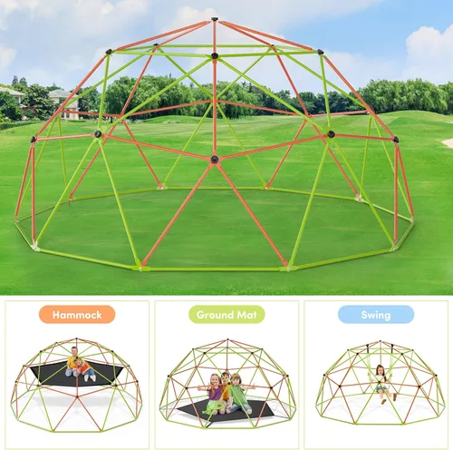 Miniatura 6 de BODIOO Cúpula de escalada de 10 pies con hamaca y columpio, gimnasio de selva para niños y niñas, soporta hasta 1000 libras, juego de metal