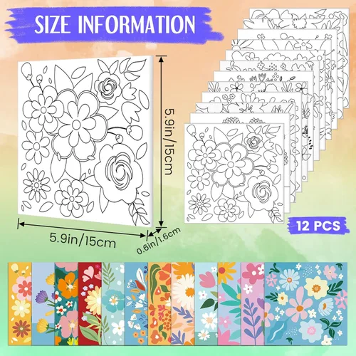 Miniatura 2 de Teling Kit de 12 lienzos estirados predibujados para adultos, pintura preimpresa, contorno de lienzo para bricolaje, recuerdos de fiesta, 6 x 6 x