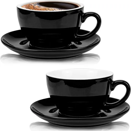 Yesland Paquete de 2 tazas y platillo de café de cerámica de 8.5 onzas, tazas de capuchino negro brillante para cafetería y barista, perfectas para