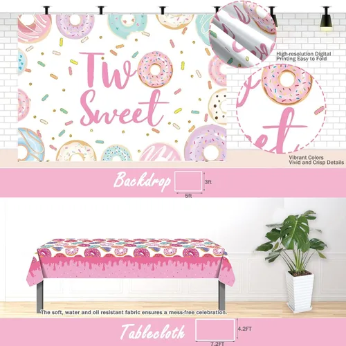 Miniatura 5 de Hombae Dos dulces decoraciones de fiesta de cumpleaños, suministros de dona para 2ª fiesta, telón de fondo, globo, mantel con platos, servilletas