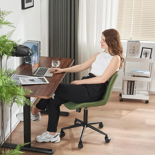 Miniatura 8 de YOUNIKE Silla de oficina, silla de escritorio sin brazos, silla de computadora con ruedas, moderna silla tapizada de piel sintética, silla de Oliva