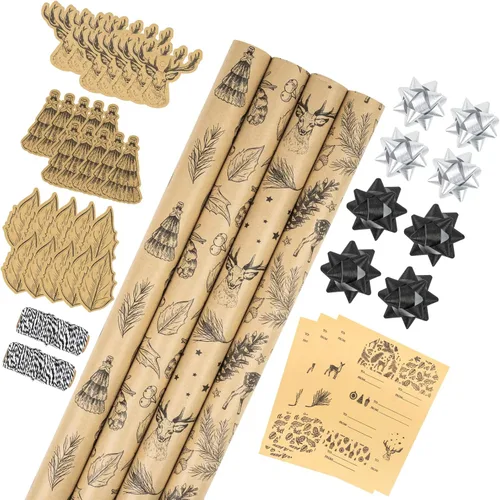 Miniatura 14 de RUSPEPA - Papel para envolver regalos de Navidad, papel kraft – diseños de ciervos, copos de nieve y cuadros – 4 rollos – 30 pulgadas x 10 pies por