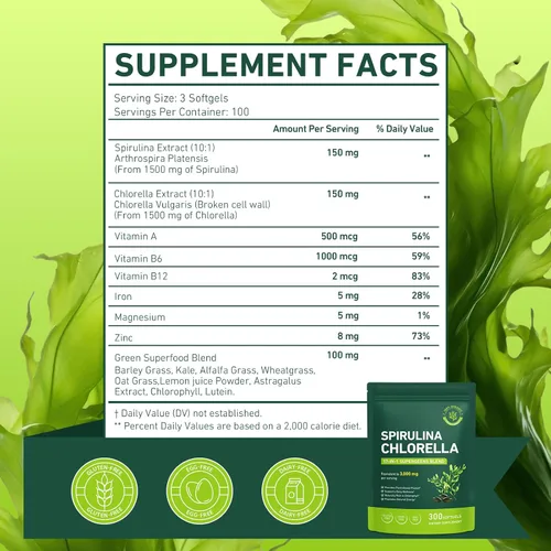 Miniatura 4 de Cápsulas blandas de Spirulina Chlorella Mezcla Super Greens con hierba de cebada, col rizada y clorofila Equivalente a 3,000 mg por porción