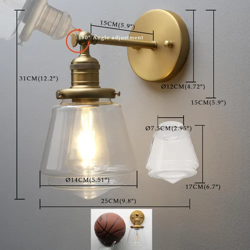 Miniatura 8 de Phansthy Lámpara de pared industrial, lámpara de pared ajustable de 180 grados, lámpara de pared con pantalla de vidrio, iluminación decorativa