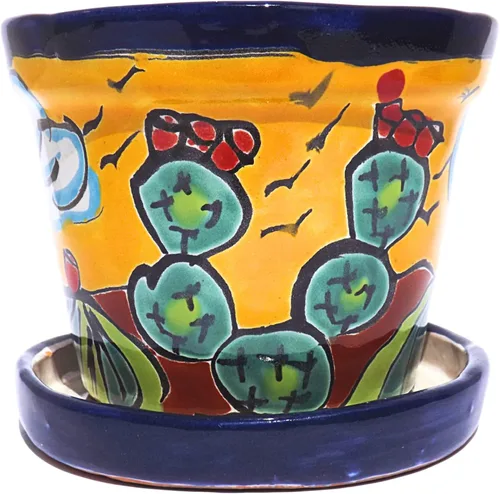 Miniatura 5 de Talavera - Macetas de cerámica mexicana con platillo Rancherito de 4 pulgadas - Cactus - Maceta de cerámica pintada a mano para interiores