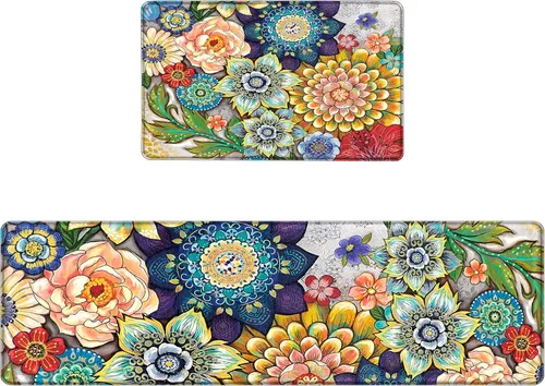 Miniatura 12 de Alfombras de Cocina Florales para Suelo de 2 Piezas con Flores Alfombras de Cocina Anti Fatiga Antideslizantes Acolchadas Cómodas para Estar de Pie