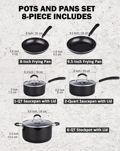 Miniatura 2 de Cook N Home Juegos de Ollas y Sartenes Antiadherentes de Cocina incluyen Cacerola, Sartén, Ollas de Caldo de 8 Piezas, Calibre Pesado, Mango que se