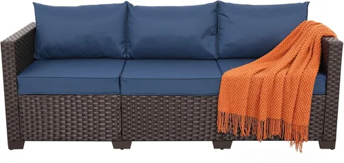 Miniatura 4 de Rattaner Sofá de mimbre para patio de 3 asientos, muebles de sofá de ratán para exteriores con marco de acero con funda para muebles y asiento Azul