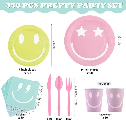 Miniatura 2 de Durony 350 Piezas de Decoración de Fiesta Preppy con Cara Sonriente, Suministros de Fiesta Pastel Incluyen Platos de Papel Sonrientes, Servilletas