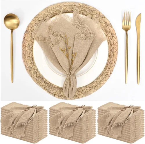 Miniatura 10 de Paquete de 12 servilletas de lino y algodón beige de 16 x 16 pulgadas, hechas a mano con flecos, servilletas de tela suave, lavables y rústicas