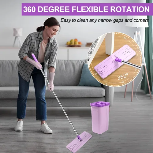 Miniatura 5 de BOSHENG Juego de trapeador y balde con escurridor, trapeador plano de piso sin manos y cubeta, incluye 5 almohadillas de microfibra lavables, uso