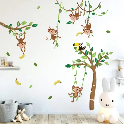 Miniatura 8 de Runtoo Calcomanías de pared de animales de safari para guardería, palmera, jirafa, mono, calcomanías de pared para dormitorio de niños Jirafa y Mono