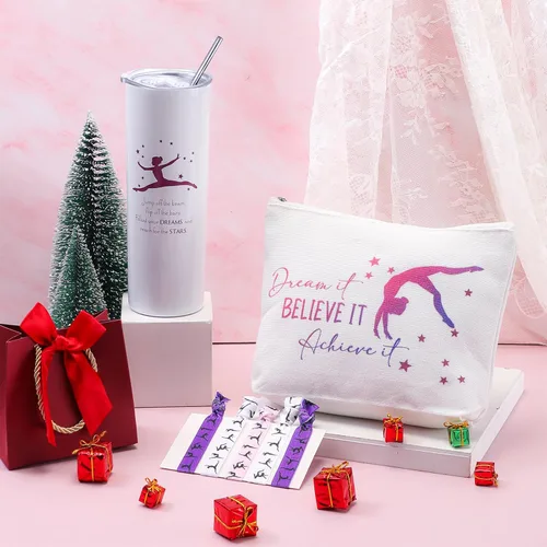 Miniatura 4 de Junkin 3 piezas de regalos de gimnasia para mujeres, incluye vaso de acero inoxidable con bolsa de maquillaje y pajita, lazos elásticos